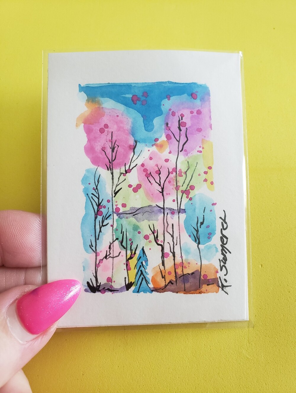 ACEO Watercolor Forest Mini Art Card - Bright Pink & Blue